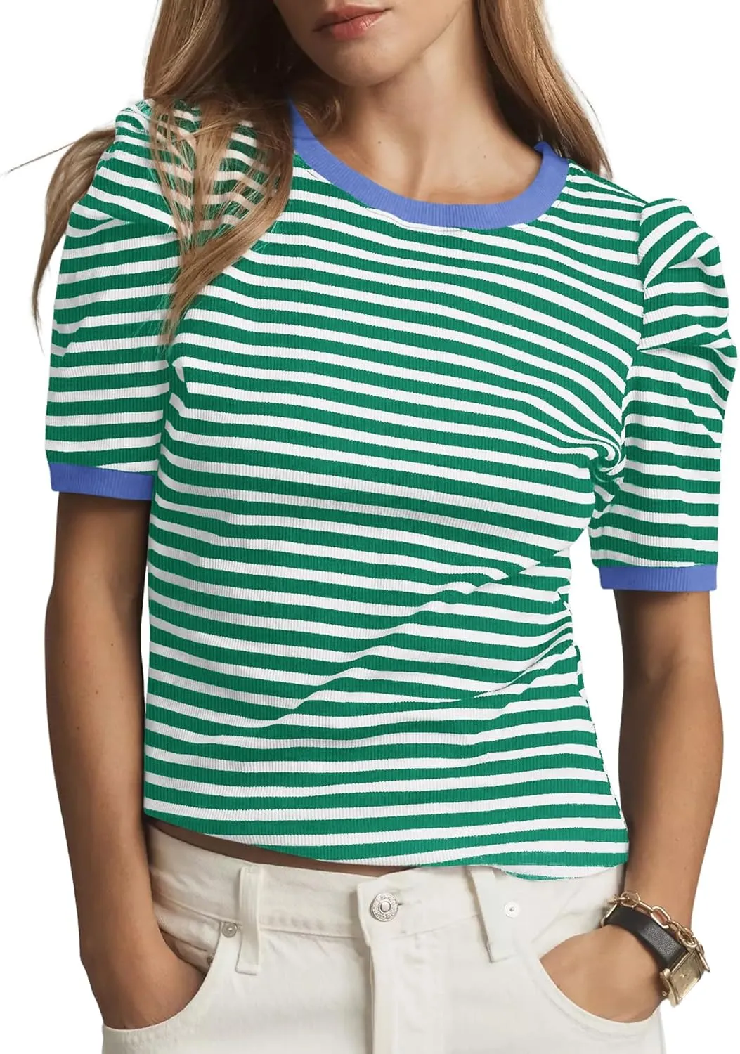 Tankaneo Womens Short Puff Sleeve Tops Trendy Striped Color Block T Shirts Crewneck Casual Shirts