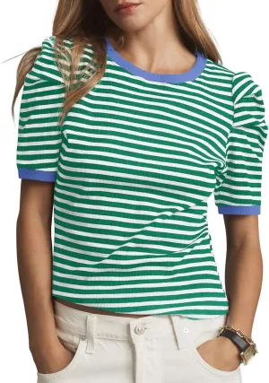 Tankaneo Womens Short Puff Sleeve Tops Trendy Striped Color Block T Shirts Crewneck Casual Shirts