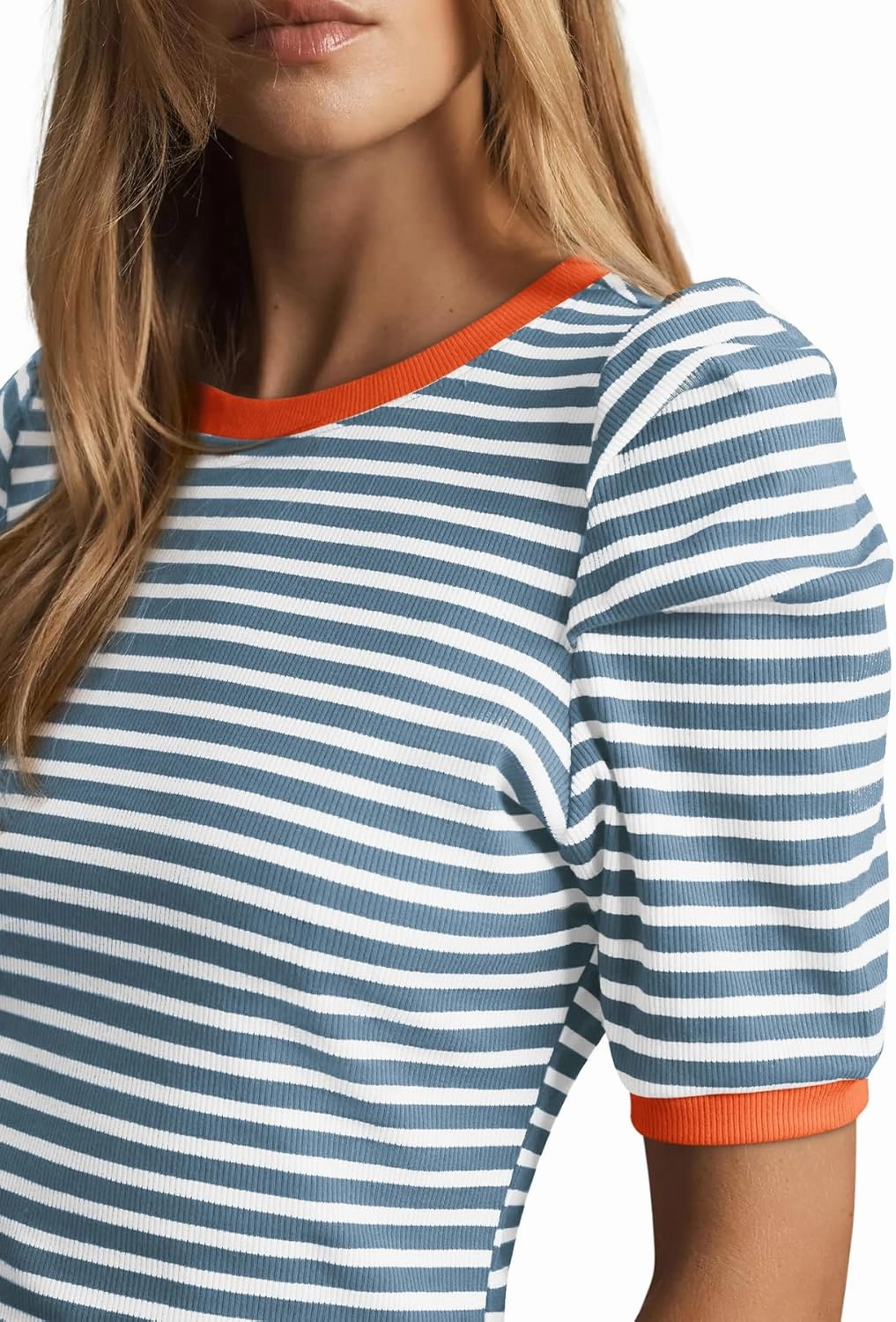 Tankaneo Womens Short Puff Sleeve Tops Trendy Striped Color Block T Shirts Crewneck Casual Shirts