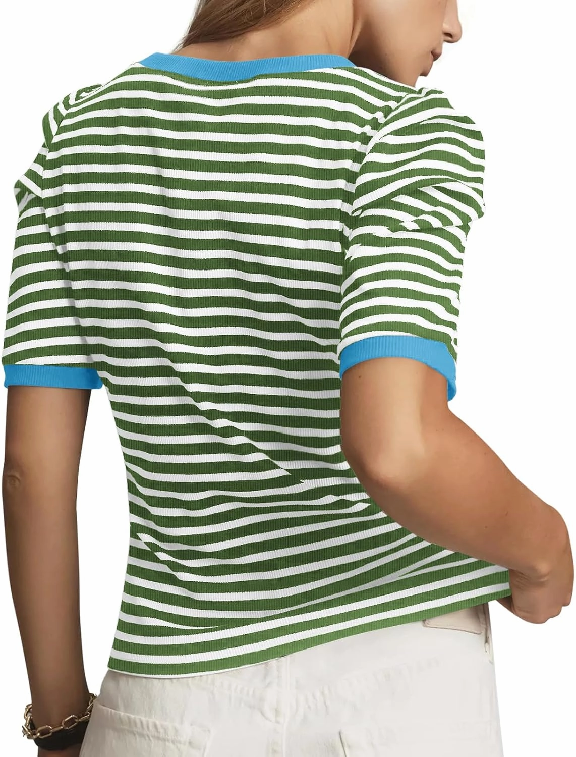 Tankaneo Womens Short Puff Sleeve Tops Trendy Striped Color Block T Shirts Crewneck Casual Shirts