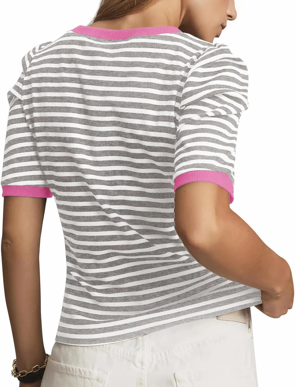 Tankaneo Womens Short Puff Sleeve Tops Trendy Striped Color Block T Shirts Crewneck Casual Shirts