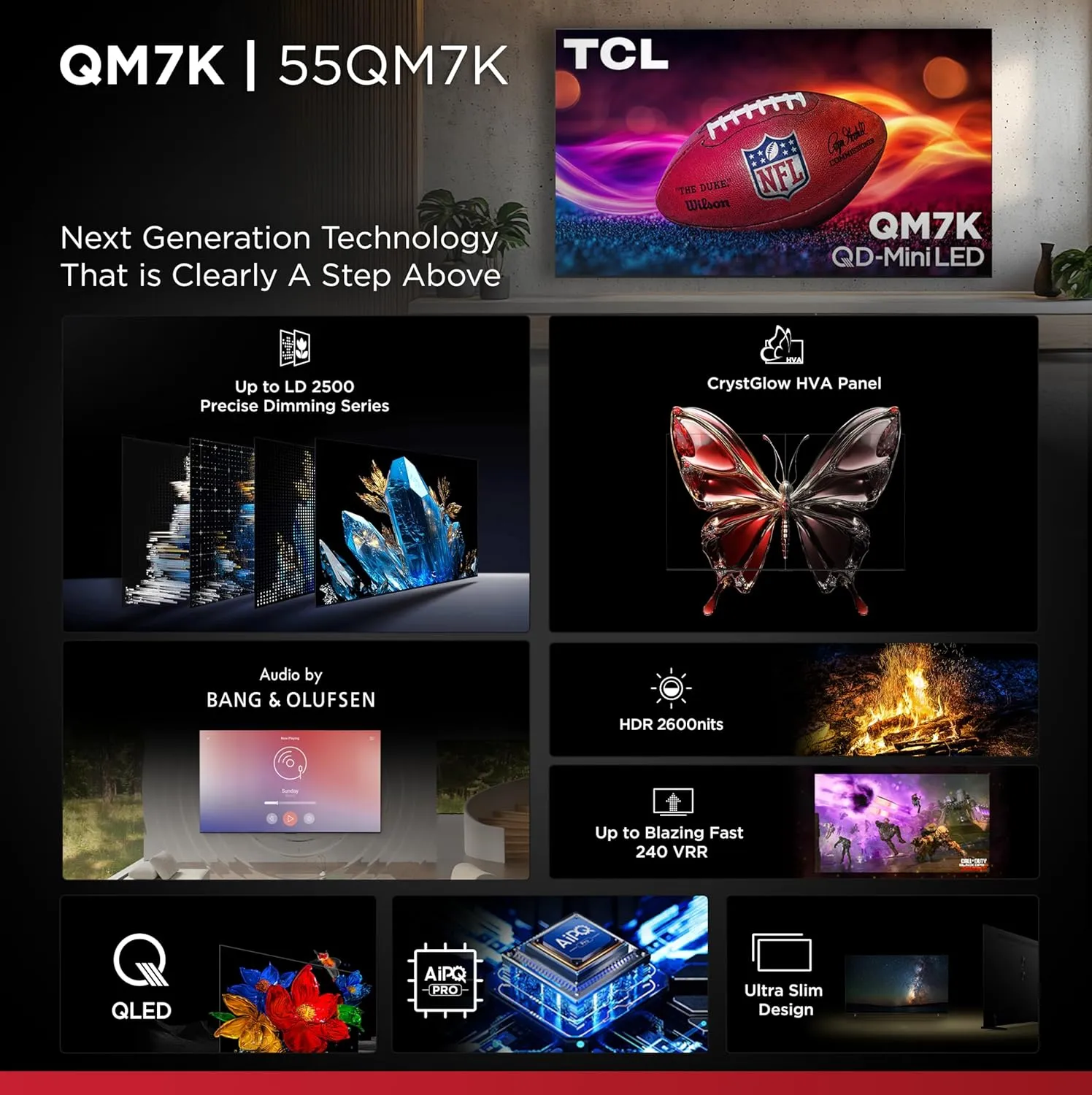 TCL 55-Inch QM7K QLED 4K Smart QD-Mini LED TV with Google TV (55QM7K, 2025 Model) Dolby Vision IQ, Dolby Atmos, HDR, Game Accelerator up to 240Hz, Voice Remote, Works with Alexa, Streaming Television