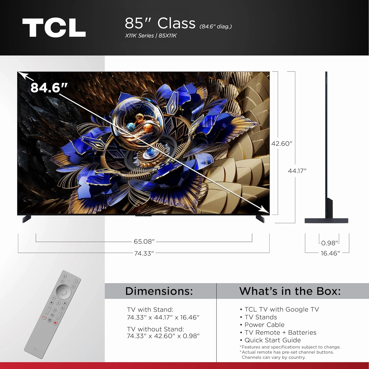 TCL 85-Inch X11K Series QLED 4K Smart QD-Mini LED TV with Google TV (2025 Model) Halo Control System, LD14000 Precise Dimming Series, HDR 6500 Nits Peak, Audio by Bang & Olufsen, 144Hz Refresh Rate