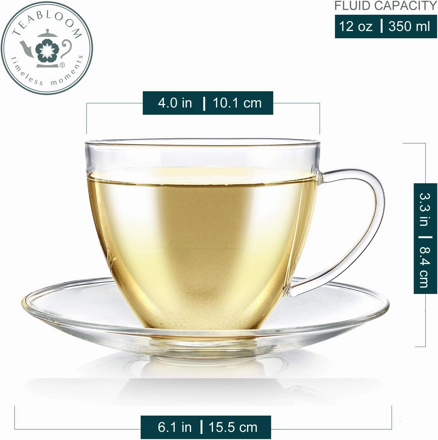 Teabloom Royal Teacup and Saucer Set 4-Pack – Large Size – 12 OZ/ 350 ML Capacity – Crystal Clear Classic Design – Glass Mug Set – Premium, Healthful Borosilicate Glass – Odor and Stain-Free