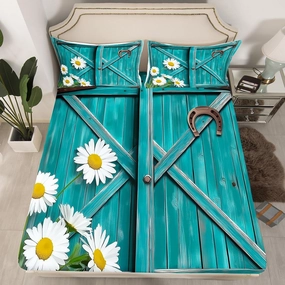 Teal Barn Door Fitted Sheet Daisy Flowers Queen Bed Sheets for Girls,Vintage Horseshoe Country Floral Bedding Set Rustic Lodge Cabin Bed Set,Retro Wood Cottage Farmhouse Decor