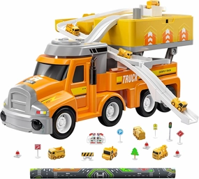 TEMI Construction Truck Kids Toys for 3 4 5 6 Year Old Boys, Toddler Car Adventures Toys for Girls, Car Carrier Toy with 8 Vehicles, Movable Truck Station Toys, Birthday Gifts for Kids Age 3-8
