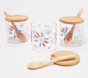 Temp-tations Set of 3 Glass Condiment Containers w/Bamboo Lids & Spoons (Classic Firework), 12 ounce