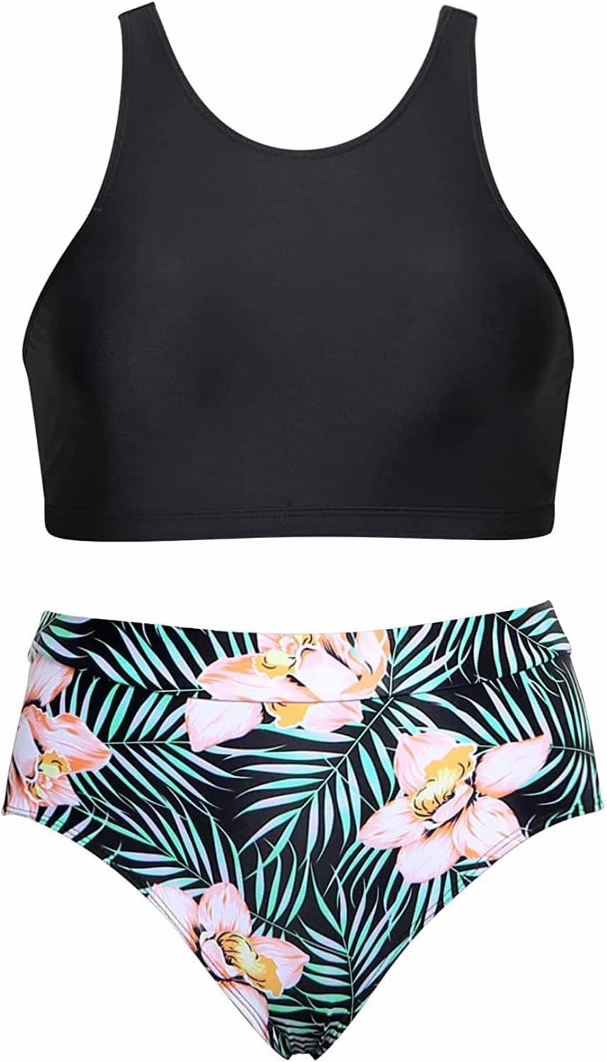 Tempt Me Women High Waisted Bikini Two Piece Swimsuits High Neck Crop Top Racerback Sporty Bathing Suits for Teen Girls