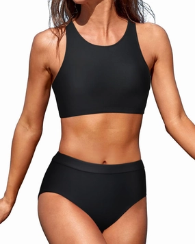Tempt Me Women High Waisted Bikini Two Piece Swimsuits High Neck Crop Top Racerback Sporty Bathing Suits for Teen Girls