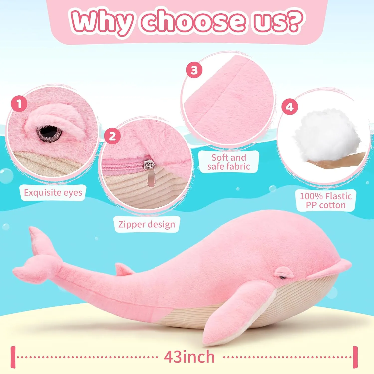 Tezituor 4ft Giant Whale Stuffed Animal, 43.3 inch Large Stuffed Pink Whale Plush Ocean Toys, Hugging Soft Whale Plush Pillow for Girls Boys
