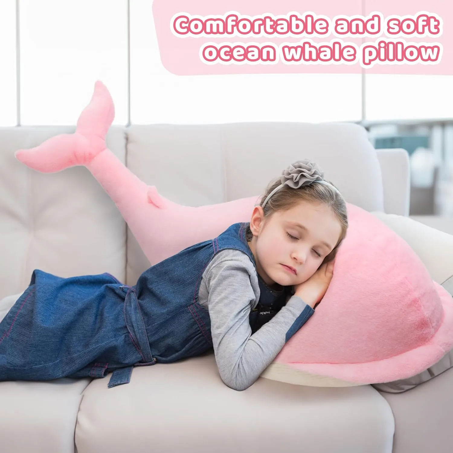 Tezituor 4ft Giant Whale Stuffed Animal, 43.3 inch Large Stuffed Pink Whale Plush Ocean Toys, Hugging Soft Whale Plush Pillow for Girls Boys