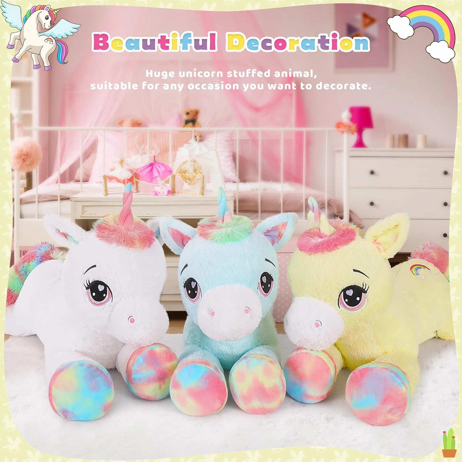 Tezituor 43 inch Unicorn Stuffed Animals for Women Girl Girlfriend, Large Unicorn Plush Pillow for Boys, Soft Plush Toys for Kids, Christmas, Birthday, Valentine's Gift (Yellow)