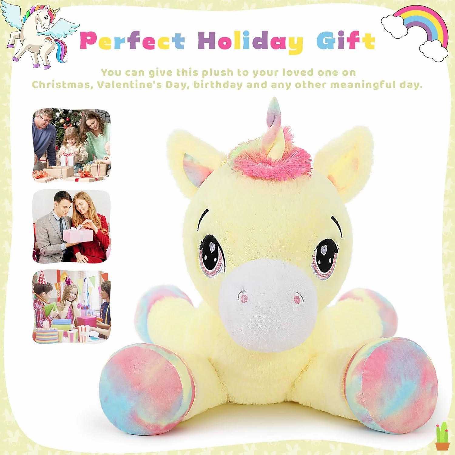 Tezituor 43 inch Unicorn Stuffed Animals for Women Girl Girlfriend, Large Unicorn Plush Pillow for Boys, Soft Plush Toys for Kids, Christmas, Birthday, Valentine's Gift (Yellow)