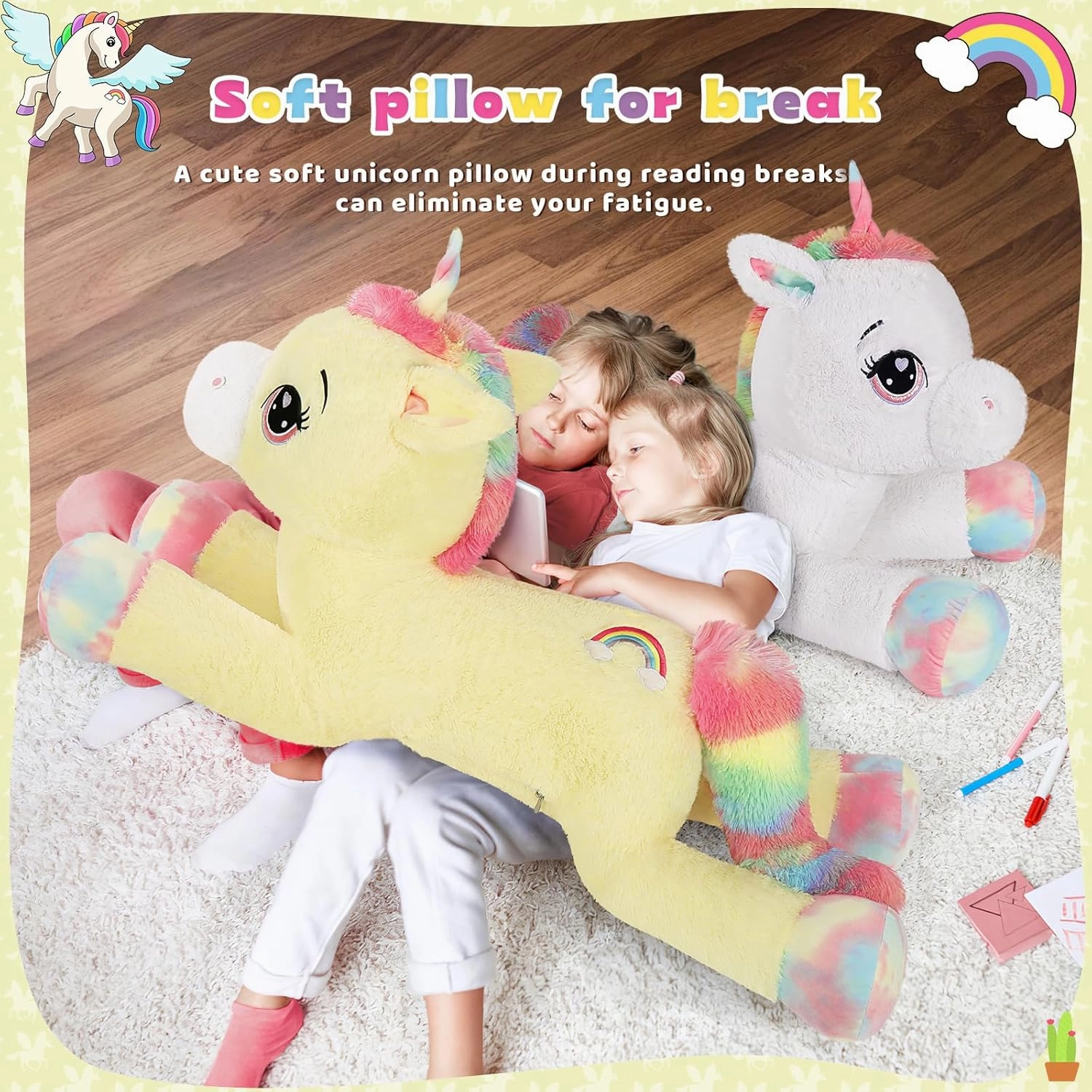 Tezituor 43 inch Unicorn Stuffed Animals for Women Girl Girlfriend, Large Unicorn Plush Pillow for Boys, Soft Plush Toys for Kids, Christmas, Birthday, Valentine's Gift (Yellow)
