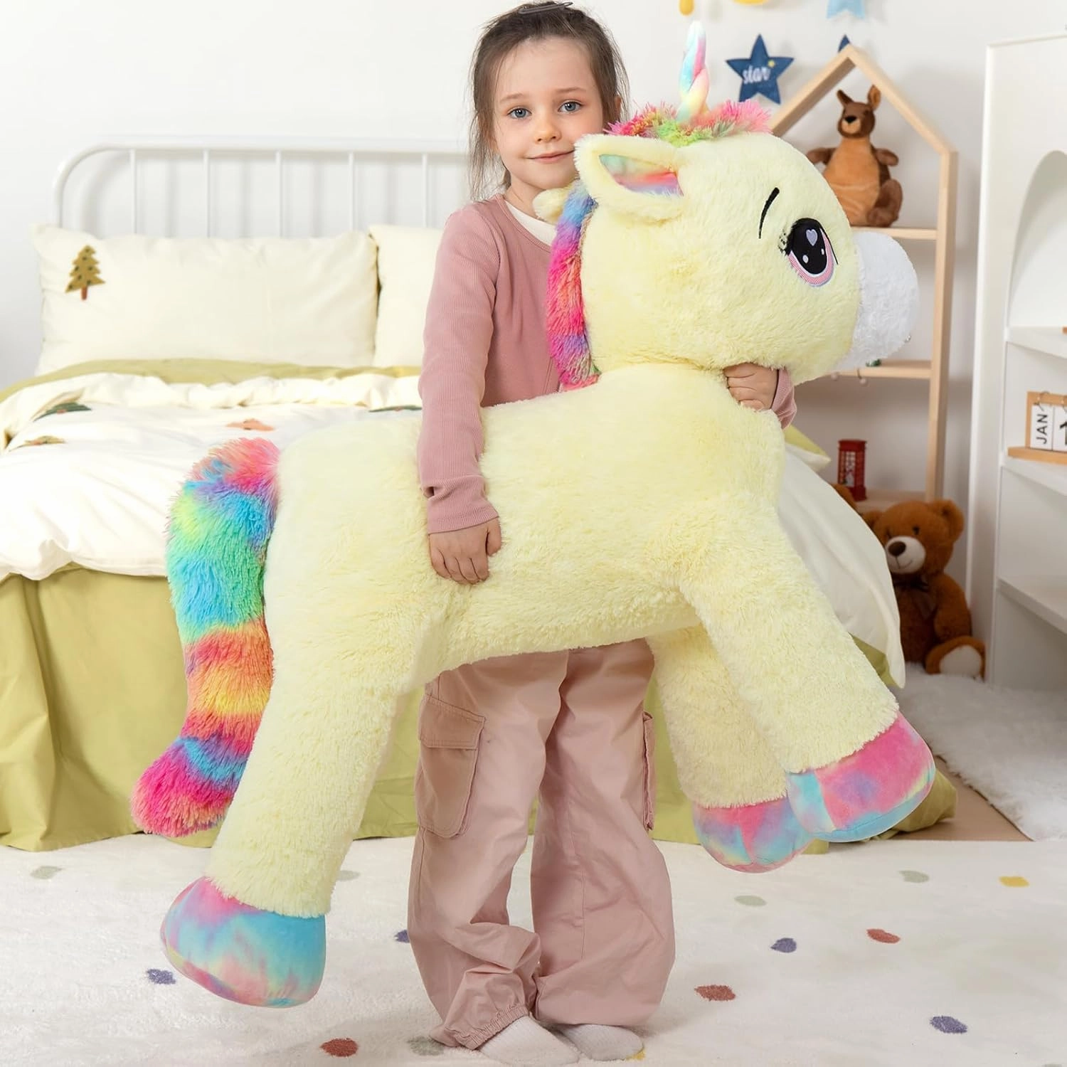 Tezituor 43 inch Unicorn Stuffed Animals for Women Girl Girlfriend, Large Unicorn Plush Pillow for Boys, Soft Plush Toys for Kids, Christmas, Birthday, Valentine's Gift (Yellow)