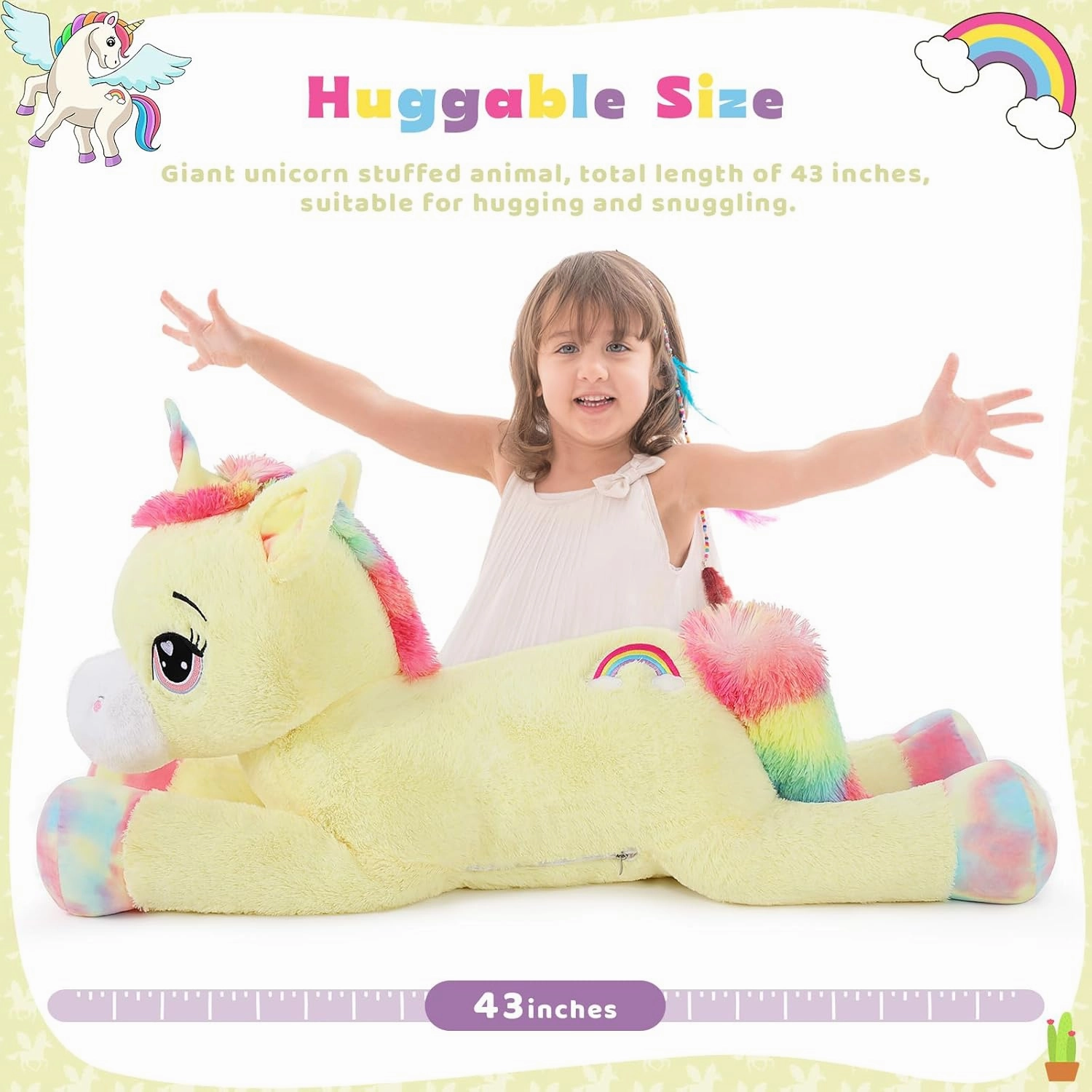 Tezituor 43 inch Unicorn Stuffed Animals for Women Girl Girlfriend, Large Unicorn Plush Pillow for Boys, Soft Plush Toys for Kids, Christmas, Birthday, Valentine's Gift (Yellow)