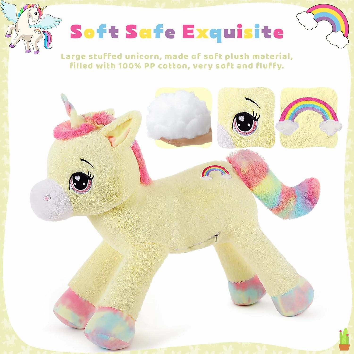 Tezituor 43 inch Unicorn Stuffed Animals for Women Girl Girlfriend, Large Unicorn Plush Pillow for Boys, Soft Plush Toys for Kids, Christmas, Birthday, Valentine's Gift (Yellow)