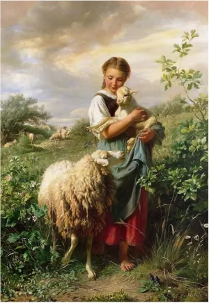 The Shepherdess by Johann Baptist Hofner – Pastoral Girl with Sheep Art Print, Romantic Landscape Poster, 19th Century Classic Pastoral Wall Art for Farmhouse or Cottage Decor (44 x 60)
