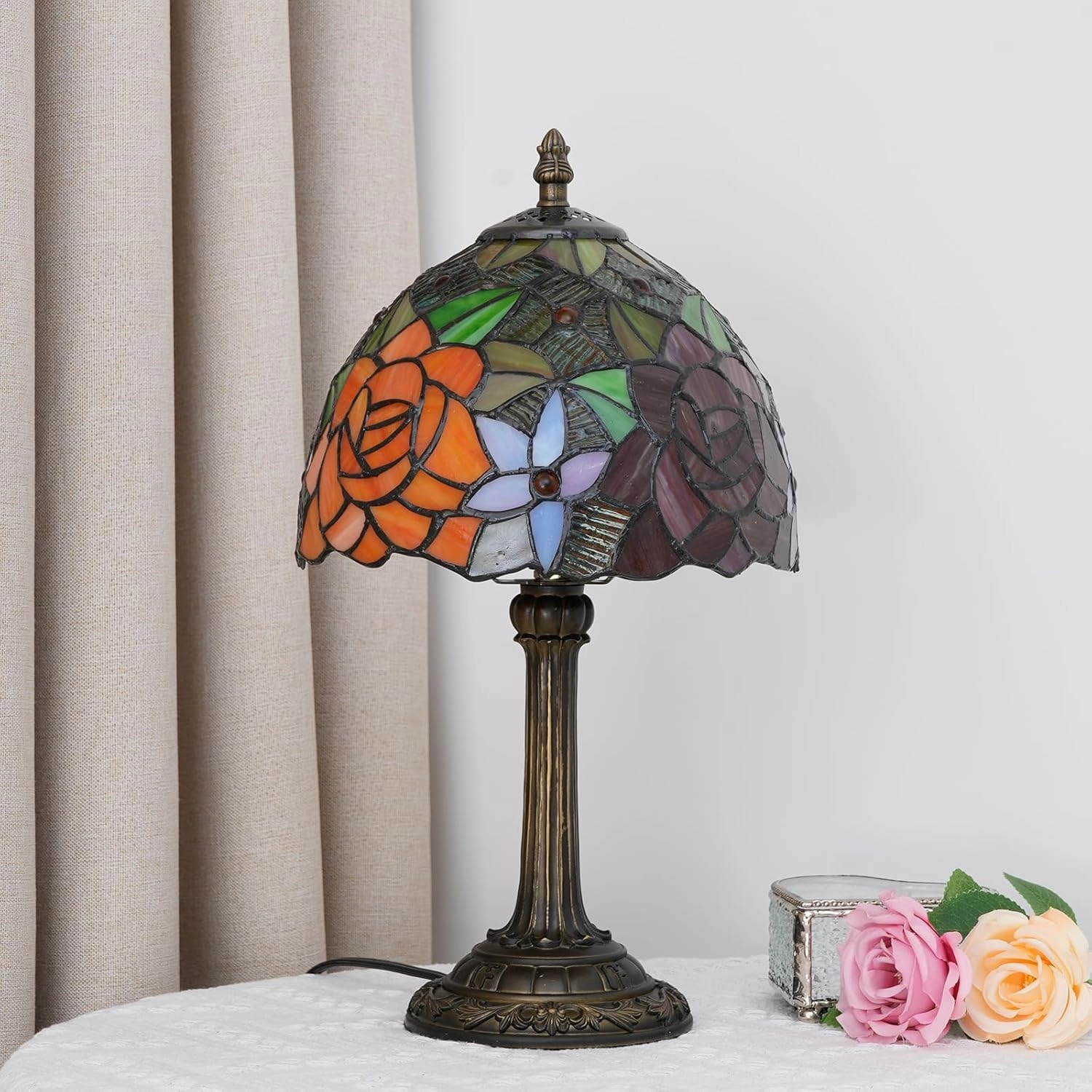 Tiffany Lamp Bedside Table Lamp-Nightstand,Stained Glass Lamp for Bedroom Dorm Living Kitchen, Aesthetic Cute Home Decor Gift (8-inch Rose)