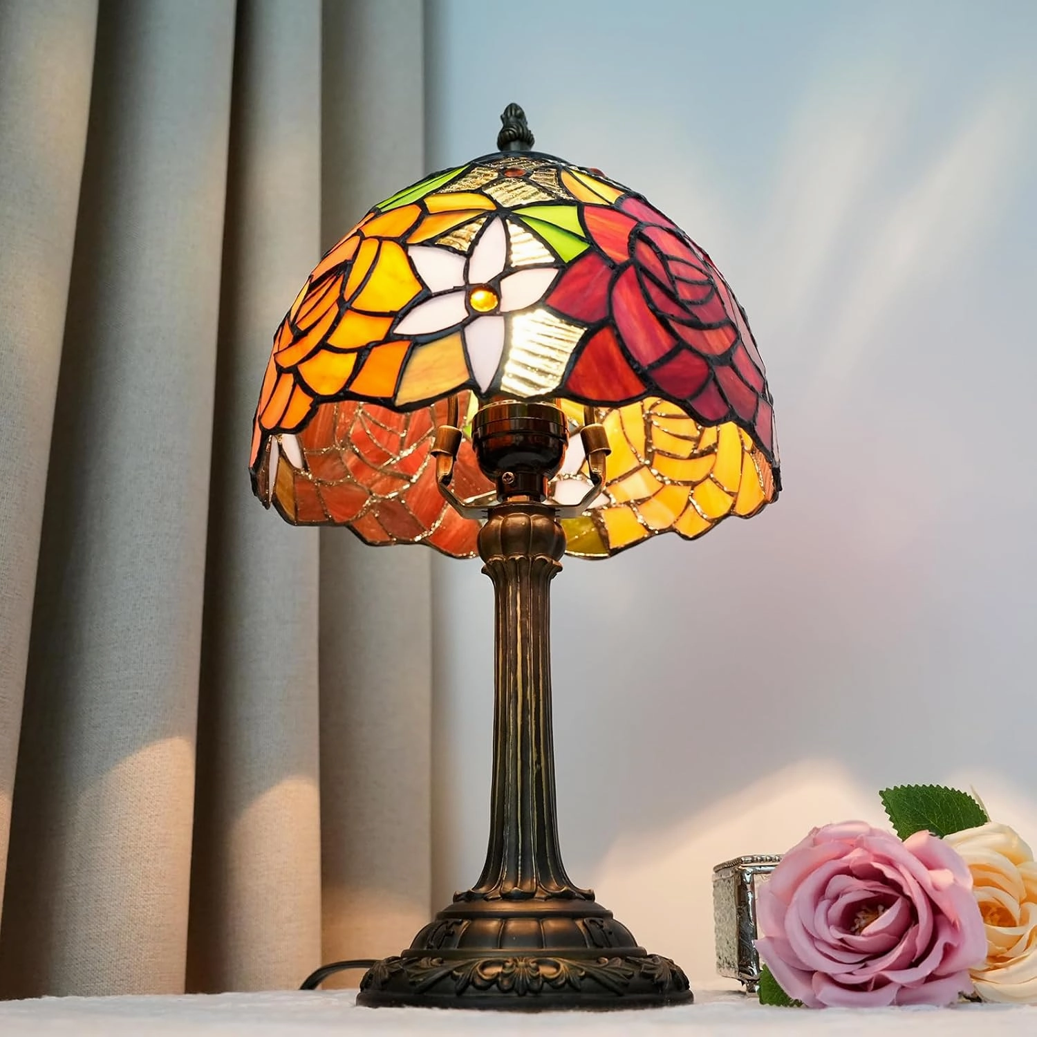 Tiffany Lamp Bedside Table Lamp-Nightstand,Stained Glass Lamp for Bedroom Dorm Living Kitchen, Aesthetic Cute Home Decor Gift (8-inch Rose)