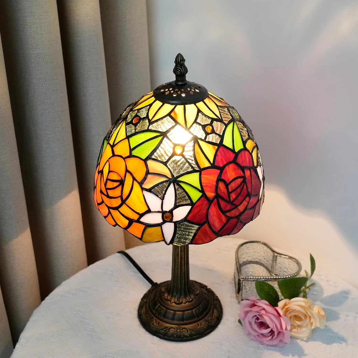 Tiffany Lamp Bedside Table Lamp-Nightstand,Stained Glass Lamp for Bedroom Dorm Living Kitchen, Aesthetic Cute Home Decor Gift (8-inch Rose)