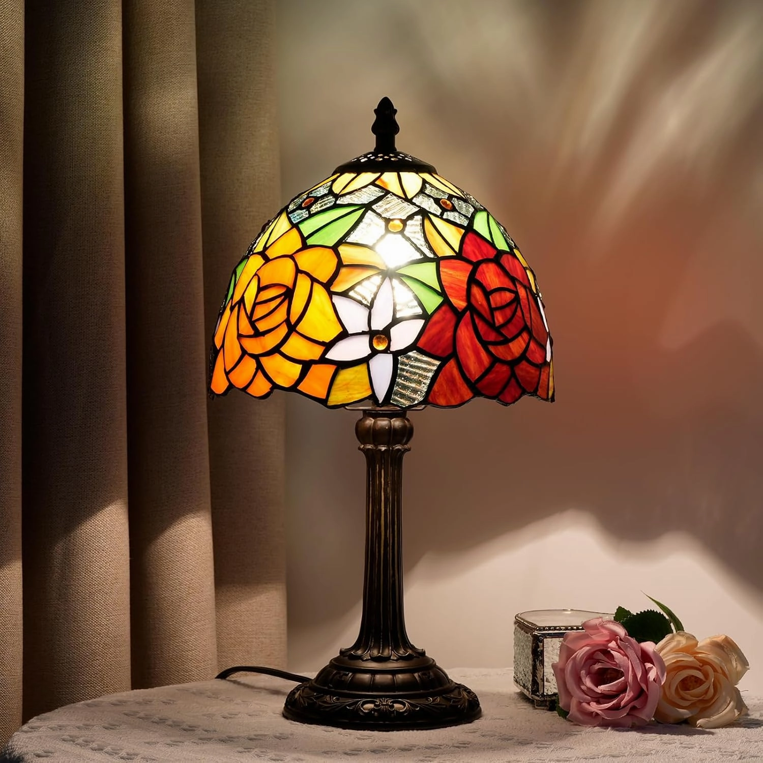 Tiffany Lamp Bedside Table Lamp-Nightstand,Stained Glass Lamp for Bedroom Dorm Living Kitchen, Aesthetic Cute Home Decor Gift (8-inch Rose)