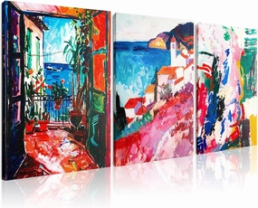 Timeless Artworks Abstract Wall Art Colorful Coastal Village Triptych Inspired by Matisse Style - Canvas Wrapped Inner Frame Prints for Living Room, Bedroom, or Bathroom, 12" x 16"