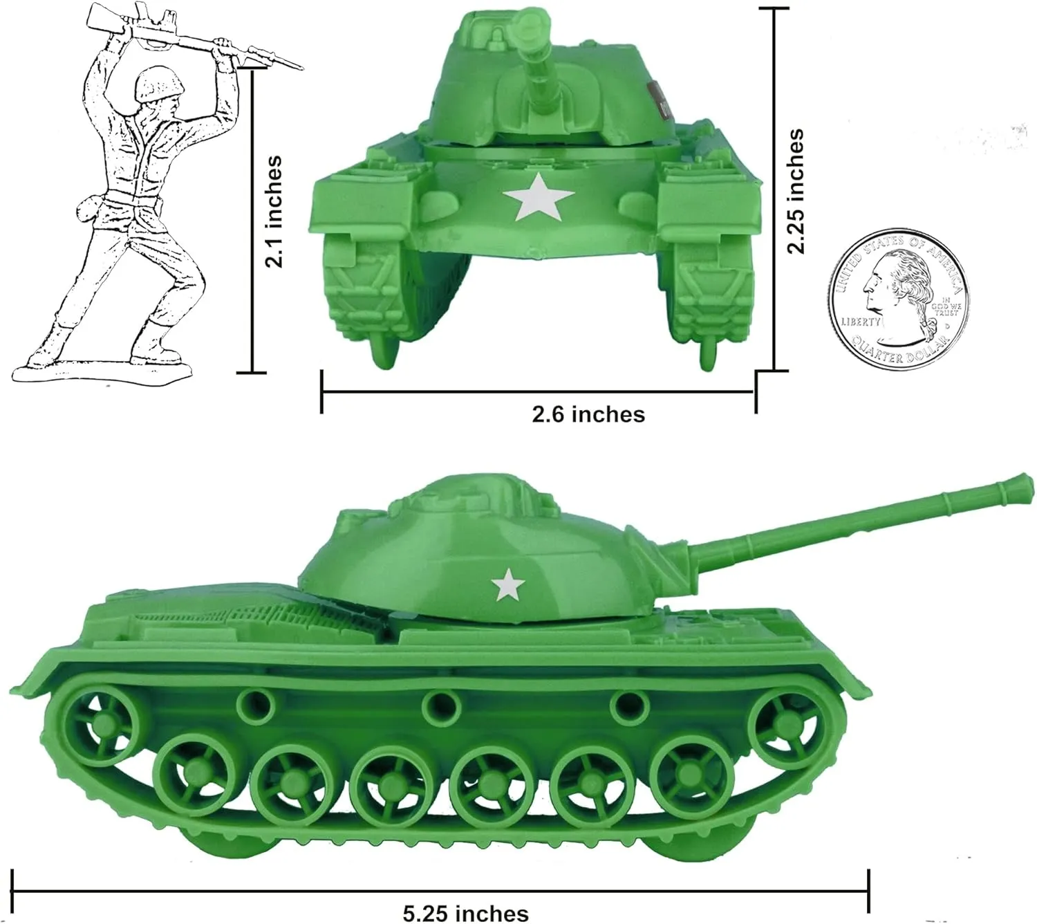 TimMee Toy Tanks for Plastic Army Men - Green WW2 3pc - Made in USA