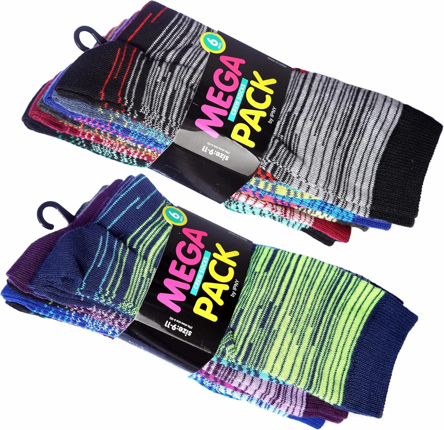 Tipi Toe Women's 12 Pairs Lightweight Colorful Patterned Crew Socks Available in Sizes 9-13