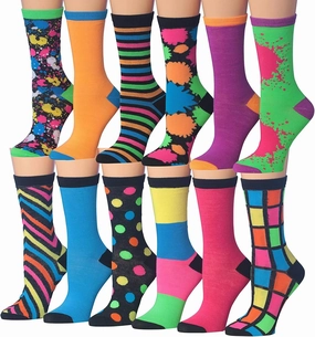 Tipi Toe Women's 12 Pairs Lightweight Colorful Patterned Crew Socks Available in Sizes 9-13