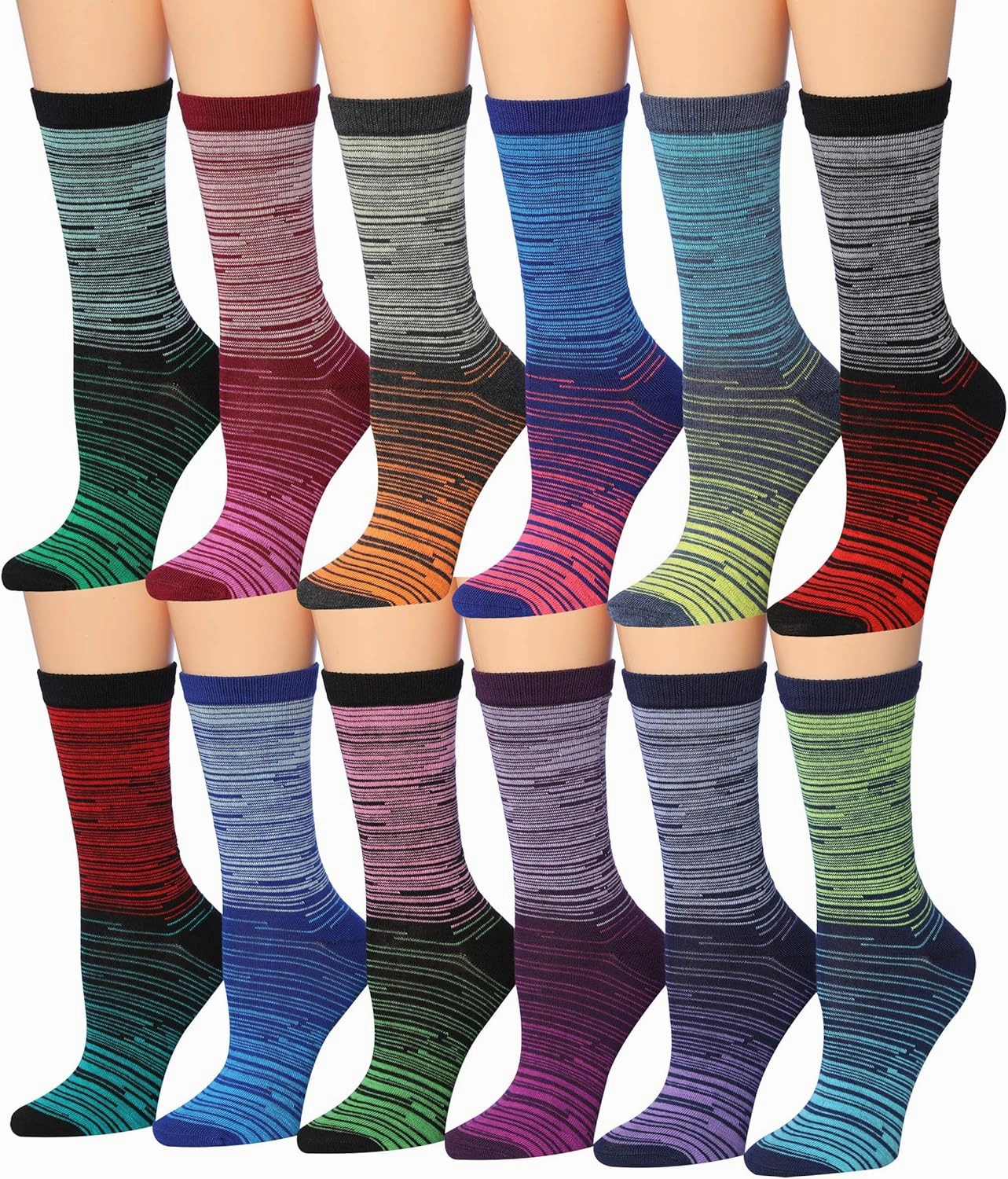 Tipi Toe Women's 12 Pairs Lightweight Colorful Patterned Crew Socks Available in Sizes 9-13