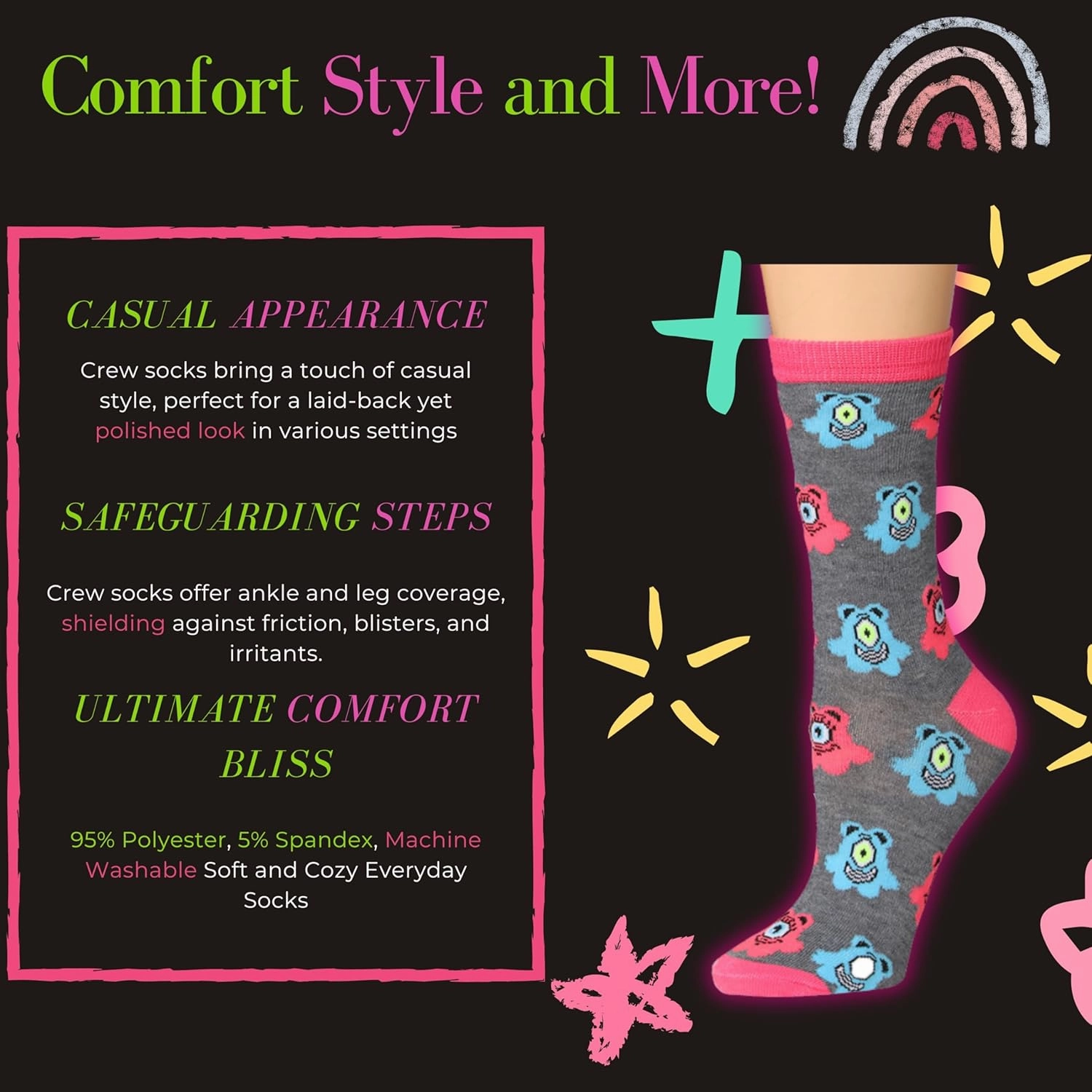 Tipi Toe Women's 12 Pairs Lightweight Colorful Patterned Crew Socks Available in Sizes 9-13