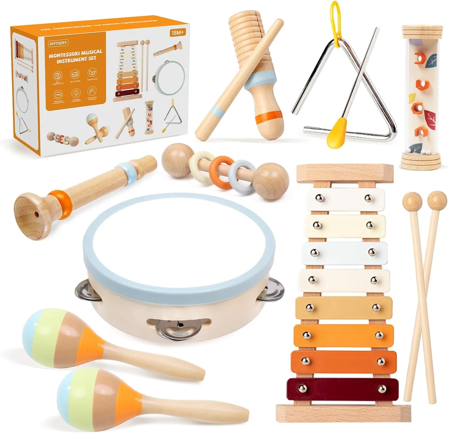 Toddler Musical Instruments Sets, Montessori Wooden Percussion Educational Baby Musical Toys Xylophone Maracas Tambourine for Kids, 2 3 4 Year Old Girls Boys Birthday Gifts