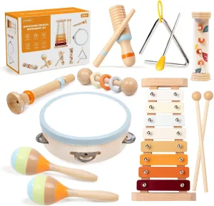 Toddler Musical Instruments Sets, Montessori Wooden Percussion Educational Baby Musical Toys Xylophone Maracas Tambourine for Kids, 2 3 4 Year Old Girls Boys Birthday Gifts