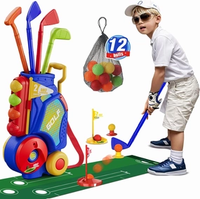 Toddler Golf Set, Upgraded Kids Golf Clubs with 12 Balls, Putting Mat, Shoulder Strap, Indoor Outdoor Sport Toys Gift for Boys Girls, Blue