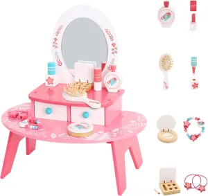 TOOKYLAND Toddler Princess Vanity Play Toy Set, Kids Toy Vanity Wooden Makeup Table for Little Girl - with Makeup Accessories and Mirror