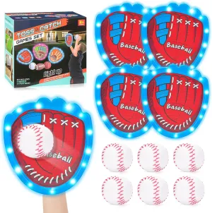 Toss and Catch Ball Set for Kids – Sticky Ball Catch Game with Toddler Baseball Glove, 4 Light-Up Paddles & 6 Balls, Perfect Backyard Toy & Outdoor Games for Kids Ages 4-8 Adults