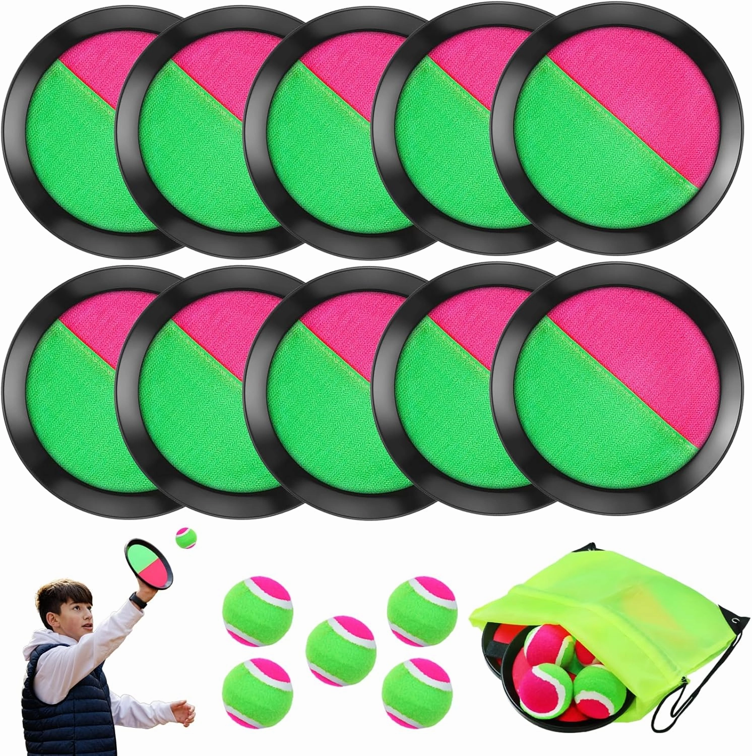Toss and Catch Game Set, 10 Paddles 5 Balls and 1 Storage Bag, Classic Outdoor Games, Beach Games, Yard Games Suitable for Family Teens Adults