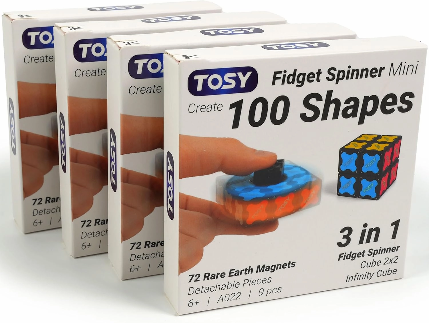 TOSY Magnet Fidget Spinner Mini - 8 blocks, 3 in 1 Toy: Transformable Fidget Spinner, Infinity Cube, 2x2 Puzzle Cube, Stress Relief, STEAM Magnet Tiles Birthday Gift for Kids/Boys/Girls/Adults, 4-pack