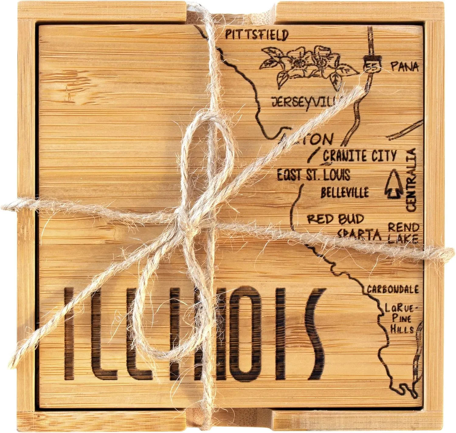 Totally Bamboo Illinois State Puzzle 4 Piece Bamboo Coaster Set with Case