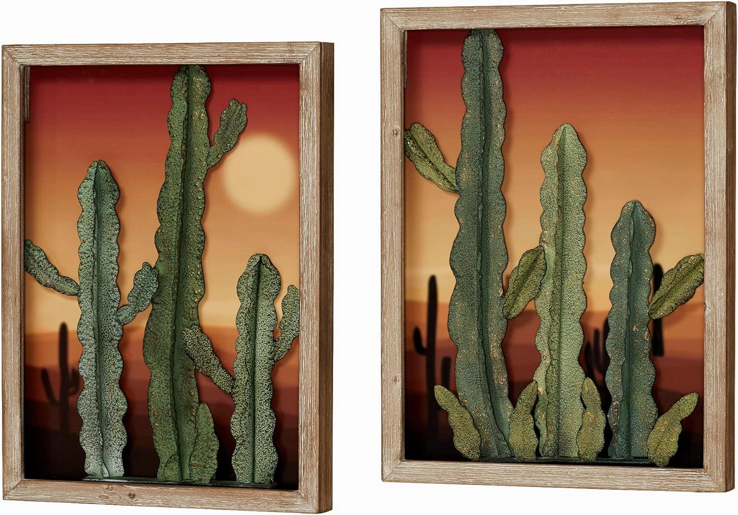 Touch of Class Desert at Sunset Southwest Cactus Wall Art Set of Two, 3D Metal and Wood Hanging Decor - Cacti in Front of Majestic Framed Desert Print - Southwestern Landscape Style Sculpture