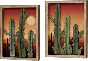 Touch of Class Desert at Sunset Southwest Cactus Wall Art Set of Two, 3D Metal and Wood Hanging Decor - Cacti in Front of Majestic Framed Desert Print - Southwestern Landscape Style Sculpture
