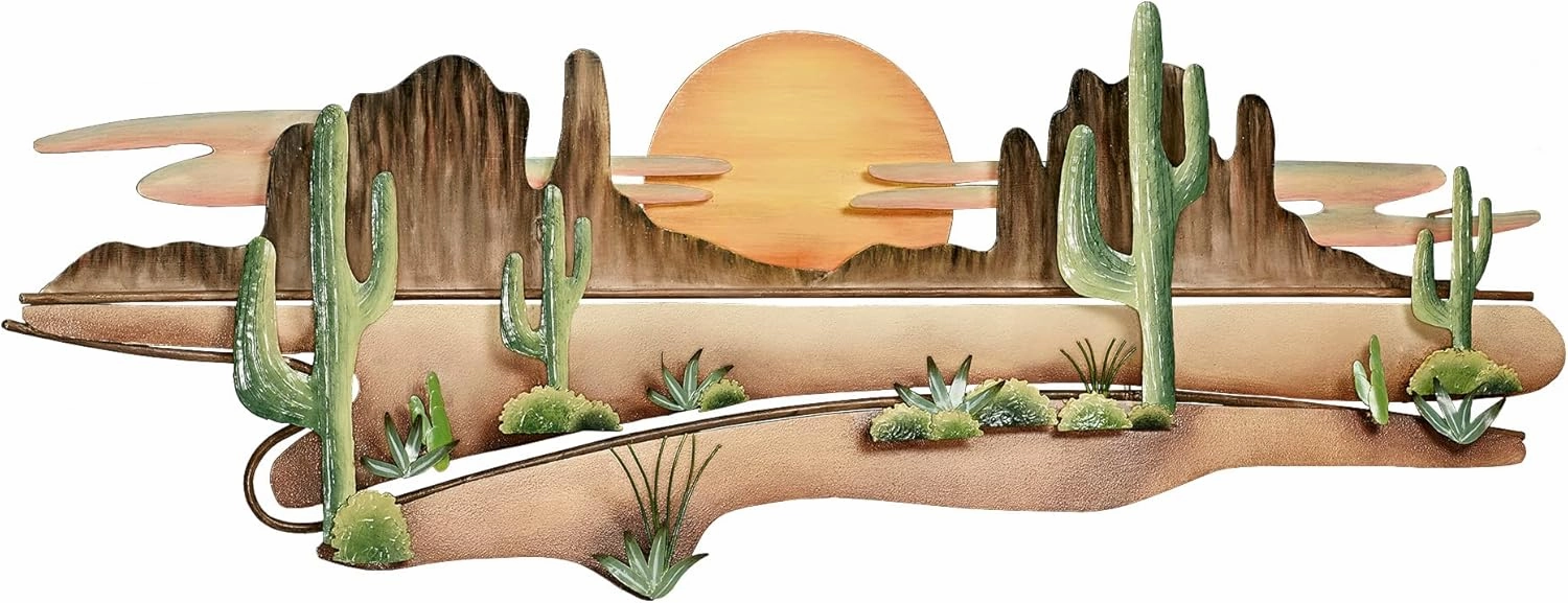 Touch of Class Desert Serenity Wall Sculpture - Metal - Yellow, Brown, Beige, Green - Southwestern Style Decor for Bedroom, Living Room, Hallway, Foyer - Large Sunset, Cactus Art
