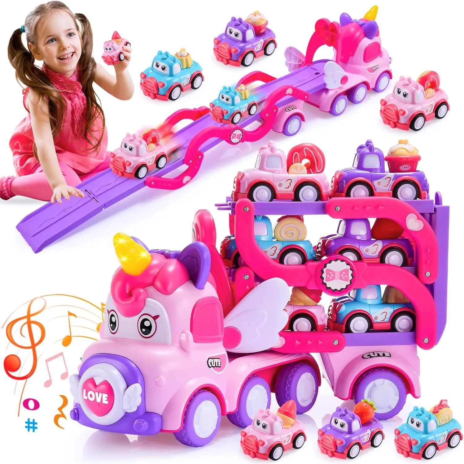 Toys for 1 2 3 Year Old Girls,7-in-1 Double Carrier Truck Unicorn Toys for Girls,Friction Power Toy Cars with Light & Sound,Cute Princess Toys Birthday Easter Gifts for Toddlers