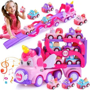 Toys for 1 2 3 Year Old Girls,7-in-1 Double Carrier Truck Unicorn Toys for Girls,Friction Power Toy Cars with Light & Sound,Cute Princess Toys Birthday Easter Gifts for Toddlers