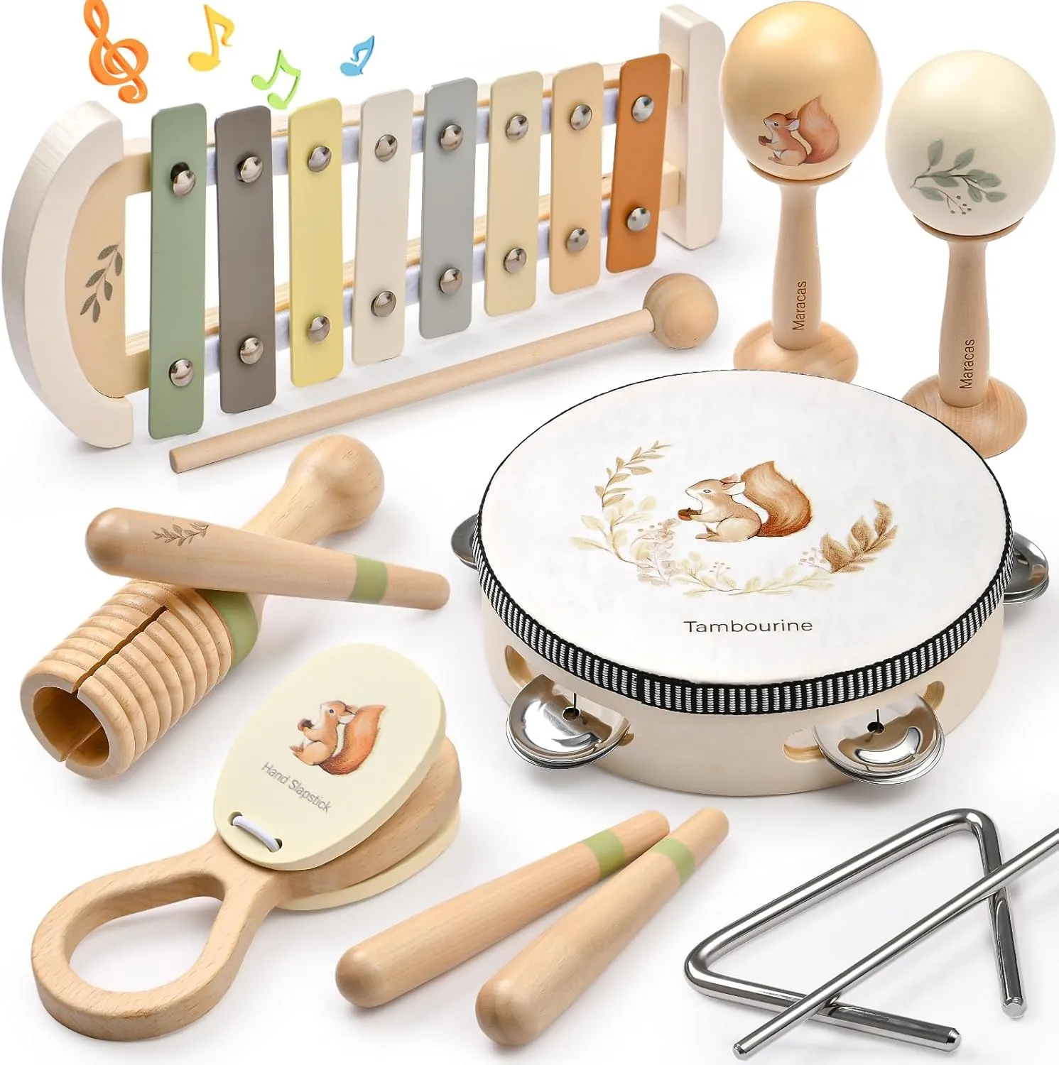 Toyssa Wooden Musical Instruments for Toddlers 1-3, Montessori Toys Baby Percussion Instruments with Squirrel Pattern, Kids Preschool Learning Toys Christmas Birthday Gifts for Boys & Girls 1 2 3 4 5