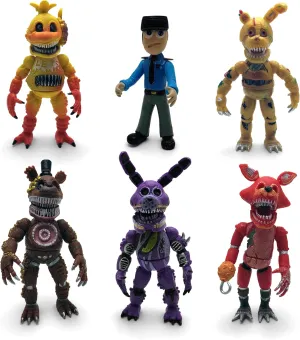 Toysvill Inspired by Five Nights at Freddy Game Action Figures Toys (FNAF) Toy, Set 6 pcs, Height 6in [Nightmare Foxy, Freddy, Bonnie, Fazbear, Chica and Human Security] with Masks
