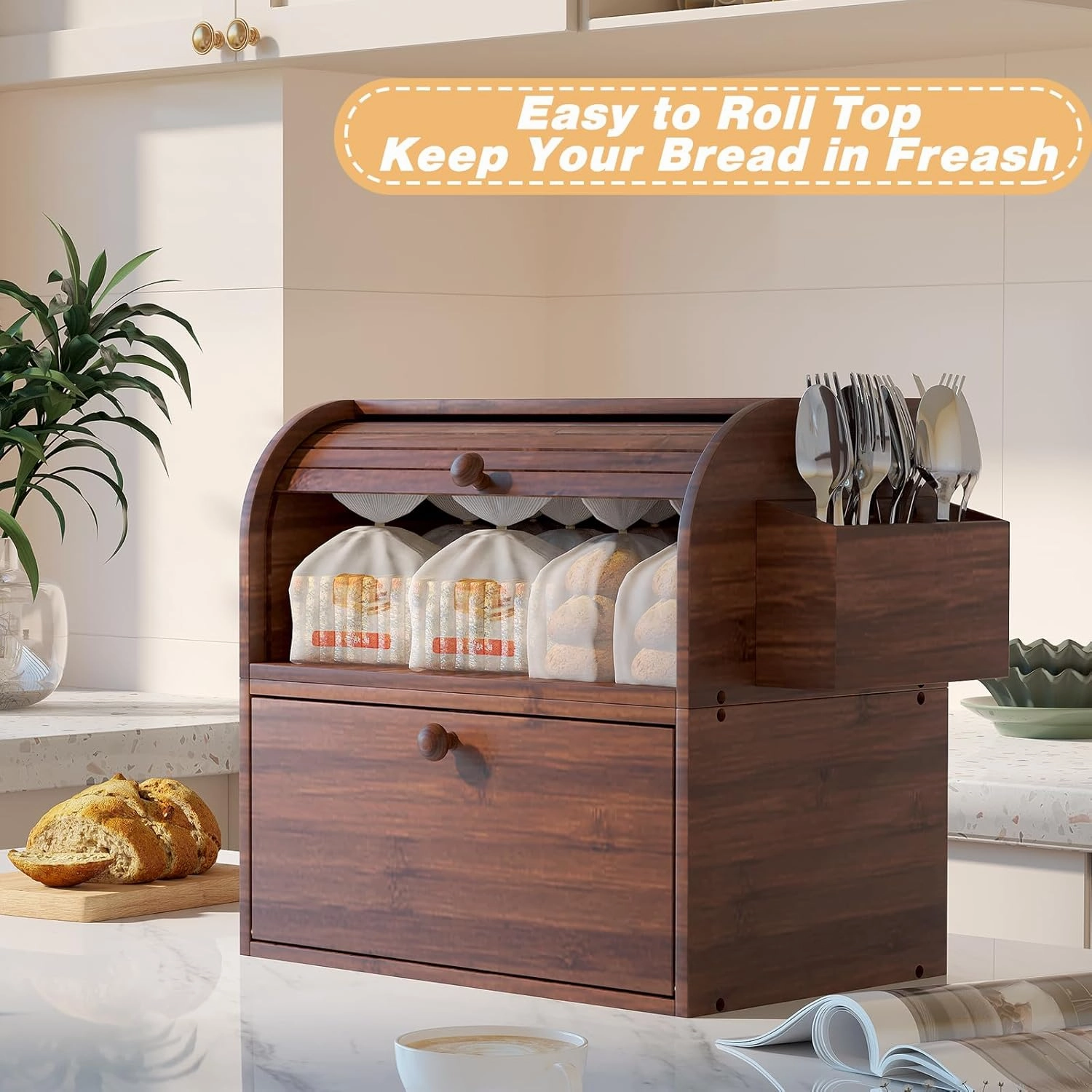 TQVAI Bamboo Bread Box for Kitchen Counter Dobule Layer Roll Top Bread Storage Container with Silverware Basket - Can Use as 2 Individual Bread Bin - Assembly Required, Retro Brown