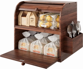 TQVAI Bamboo Bread Box for Kitchen Counter Dobule Layer Roll Top Bread Storage Container with Silverware Basket - Can Use as 2 Individual Bread Bin - Assembly Required, Retro Brown