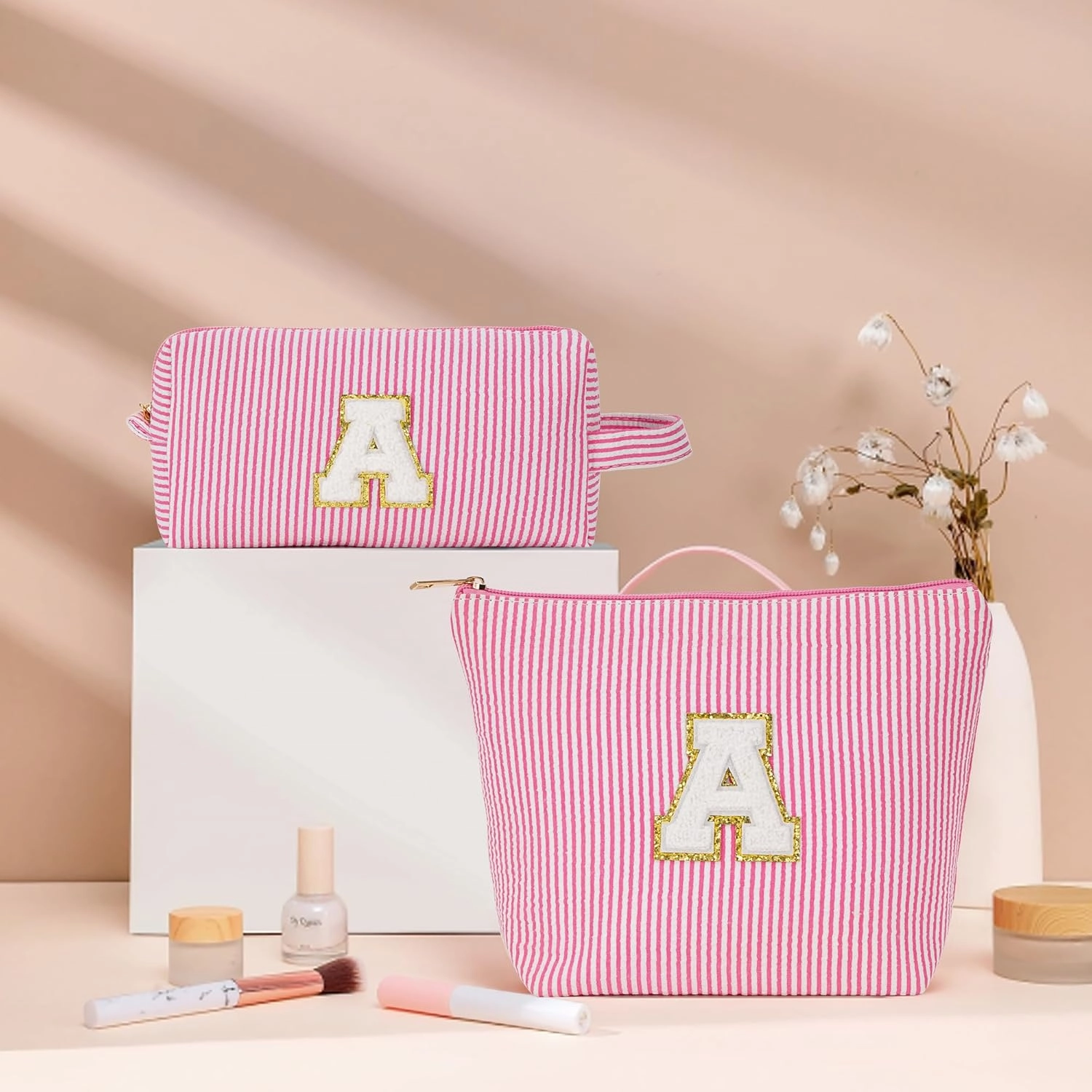 Travel Toiletry and Makeup Bag - Travel Essentials for Women, Pink Initial Makeup Bags for Hair Ties, Clips, Brushes, Sponges, Lipsticks, Blush, Eyelash Curler, Easy to Carry (Pink Letter L)